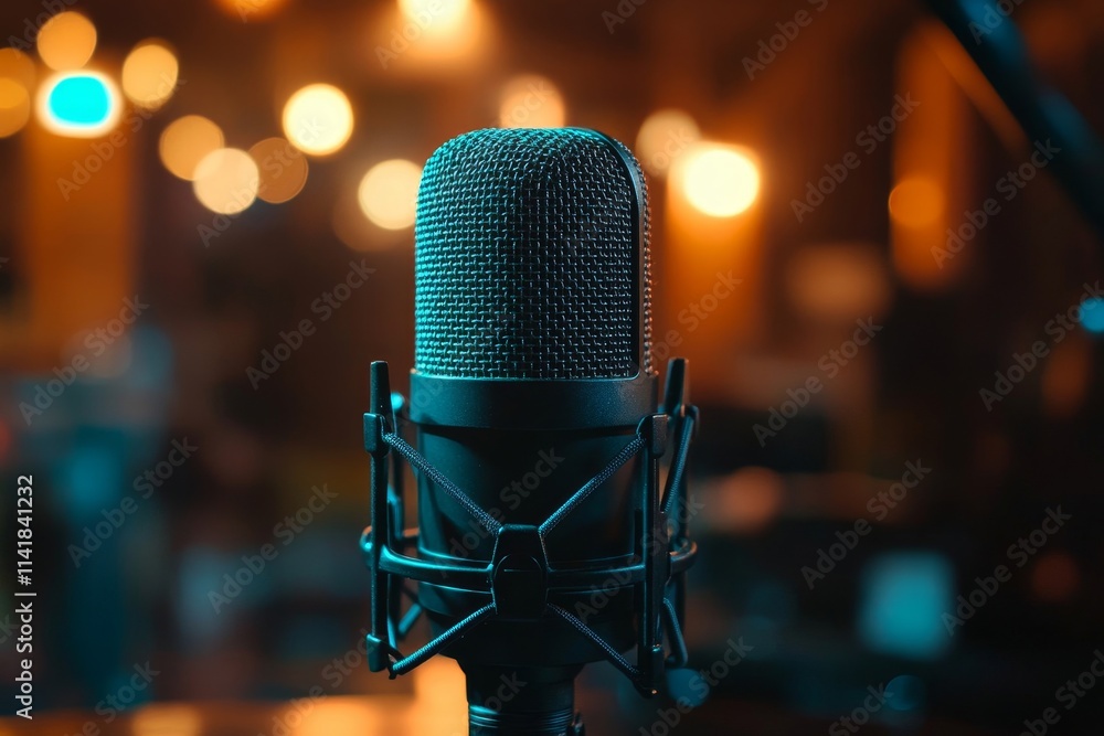 Close-up microphone on the table in podcasting record, Generative AI Close-up microphone on the table in podcasting record, Generative AI