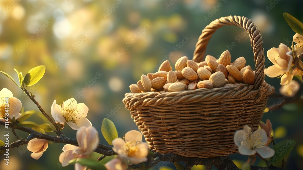Almond harvest basket filled with fresh almonds on a blossoming branch in a sunlit outdoor setting Almond harvest basket filled with fresh almonds on a blossoming branch in a sunlit outdoor setting
