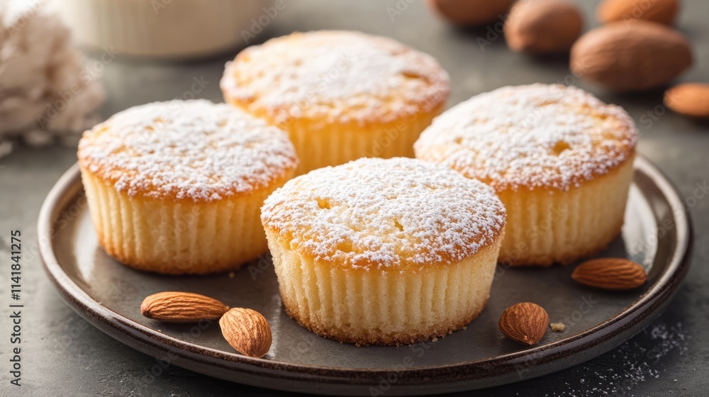 Delicious almond cakes topped with powdered sugar served on a rustic plate with almonds in the background for a tempting dessert presentation. Delicious almond cakes topped with powdered sugar served on a rustic plate with almonds in the background for a tempting dessert presentation.