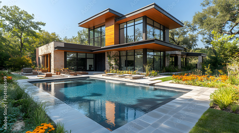 A detailed photography capturing a stylish home with bold, contemporary architecture, large outdoor patios, a vibrant garden with decorative pathways, and a serene pool reflecting the clear blue sky. A detailed photography capturing a stylish home with bold, contemporary architecture, large outdoor patios, a vibrant garden with decorative pathways, and a serene pool reflecting the clear blue sky.