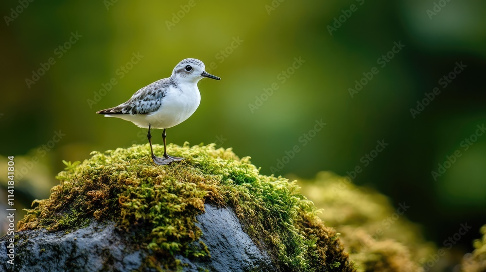 Sanderling bird perched on a mossy rock in a vibrant green landscape showcasing nature's beauty and tranquility Sanderling bird perched on a mossy rock in a vibrant green landscape showcasing nature's beauty and tranquility