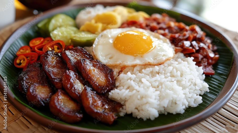 Traditional Bacsilog Breakfast Plate with Fried Rice, Egg, Sinangag, and side of Vegetables and Spicy Chilis on a Leaf Plate Traditional Bacsilog Breakfast Plate with Fried Rice, Egg, Sinangag, and side of Vegetables and Spicy Chilis on a Leaf Plate