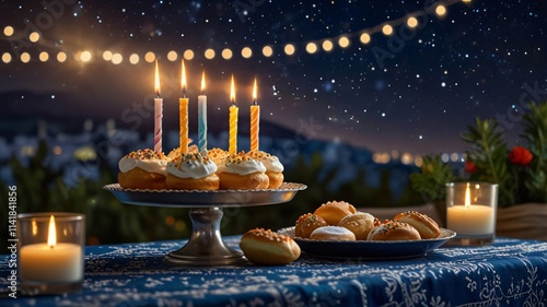 Hanukkah Donuts & Candles Under Starry Sky photo