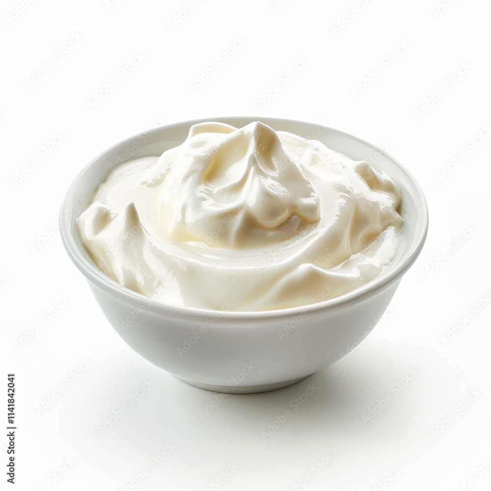 a white bowl filled with a creamy, smooth substance that appears to be yogurt or sour cream. The texture is thick and slightly glossy, with soft peaks formed on the surface a white bowl filled with a creamy, smooth substance that appears to be yogurt or sour cream. The texture is thick and slightly glossy, with soft peaks formed on the surface