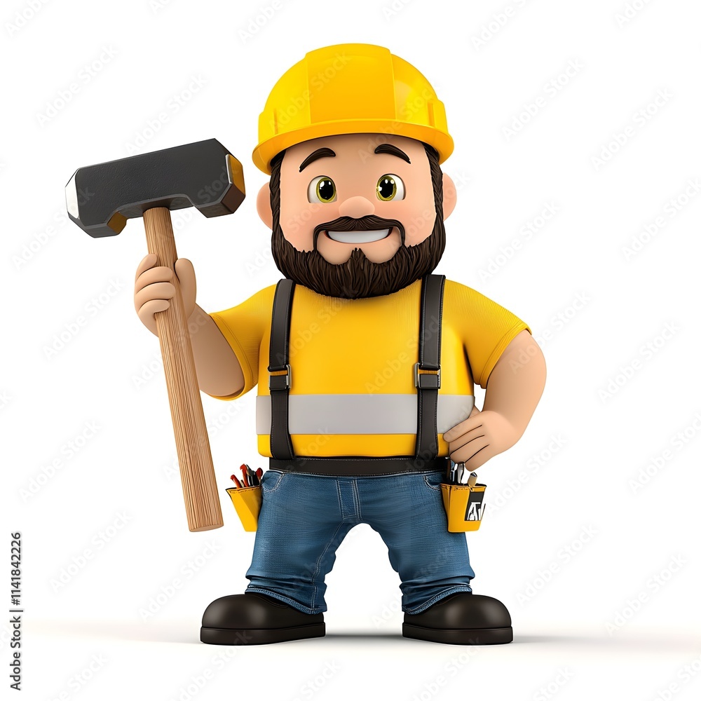 Cheerful Cartoon Construction Worker Holding a Hammer and Smiling Cheerful Cartoon Construction Worker Holding a Hammer and Smiling