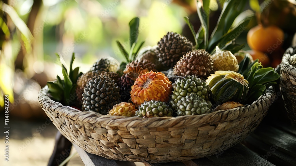 Colorful basket of exotic fruits showcasing diverse textures and shapes in a natural setting emphasizing local culinary traditions Colorful basket of exotic fruits showcasing diverse textures and shapes in a natural setting emphasizing local culinary traditions