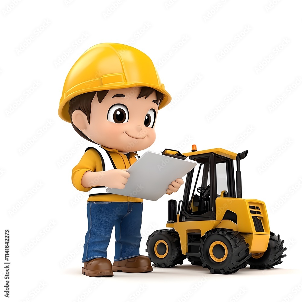 Cute Cartoon Child in Construction Hat Holding Blueprint and Toy Tractor Cute Cartoon Child in Construction Hat Holding Blueprint and Toy Tractor