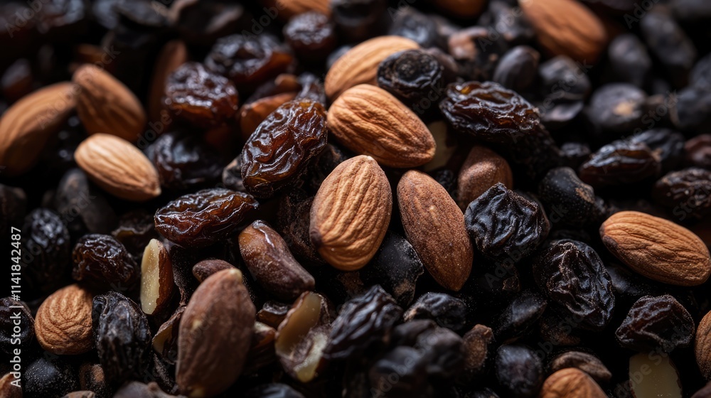Mixed Almonds and Raisins Healthy Snack Background with Natural Texture
