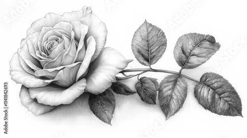 Detailed monochrome rose illustration with leaves