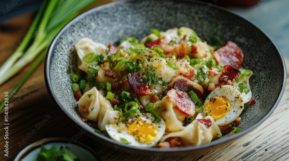 Bacon dumpling salad topped with spring onions and soft boiled egg in a rustic bowl on wooden table Bacon dumpling salad topped with spring onions and soft boiled egg in a rustic bowl on wooden table