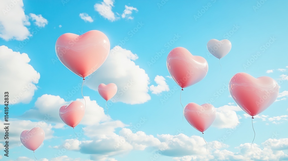 Heart-shaped balloons in sky, symbolizing love and celebration. Heart-shaped balloons in sky, symbolizing love and celebration.