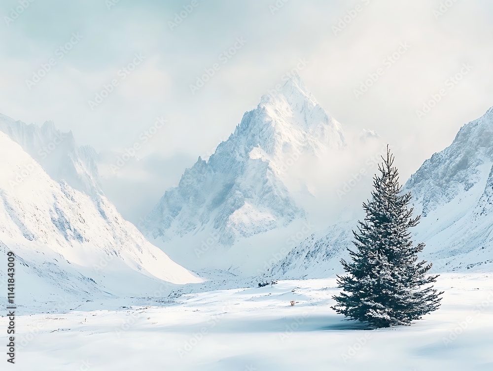 Obraz premium Winter Landscape With Snowy Mountains And Christmas Tree 