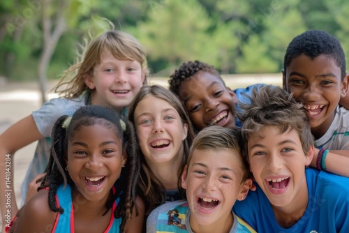 Group of happy children having fun at the park. Education concept.