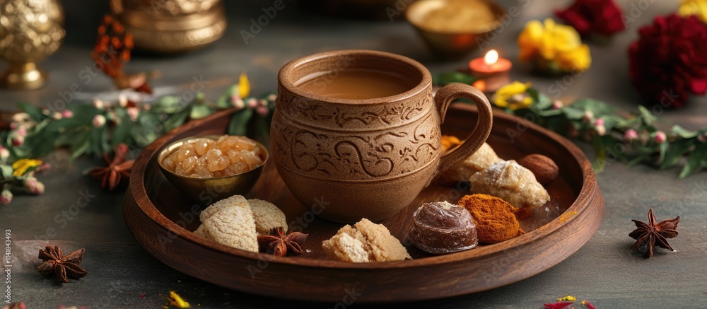 Ceramic mug with sweets and spices on wooden tray decorated with floral garland and traditional elements for festive ambiance Ceramic mug with sweets and spices on wooden tray decorated with floral garland and traditional elements for festive ambiance