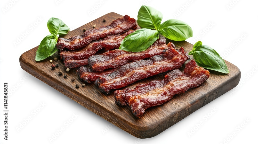 Bacon strips with fresh basil leaves on a wooden board garnished with spices isolated on white background Bacon strips with fresh basil leaves on a wooden board garnished with spices isolated on white background