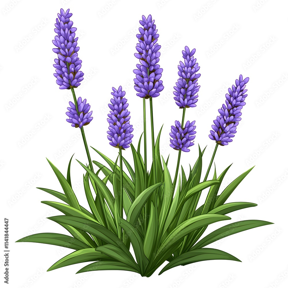Obraz premium Vibrant Lavender Flowers with Green Leaves on White Background