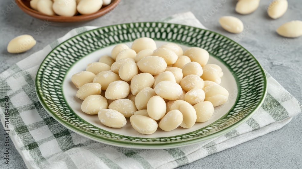 Almonds coated in white chocolate arranged on a decorative plate with checkered napkin and a rustic background setting Almonds coated in white chocolate arranged on a decorative plate with checkered napkin and a rustic background setting