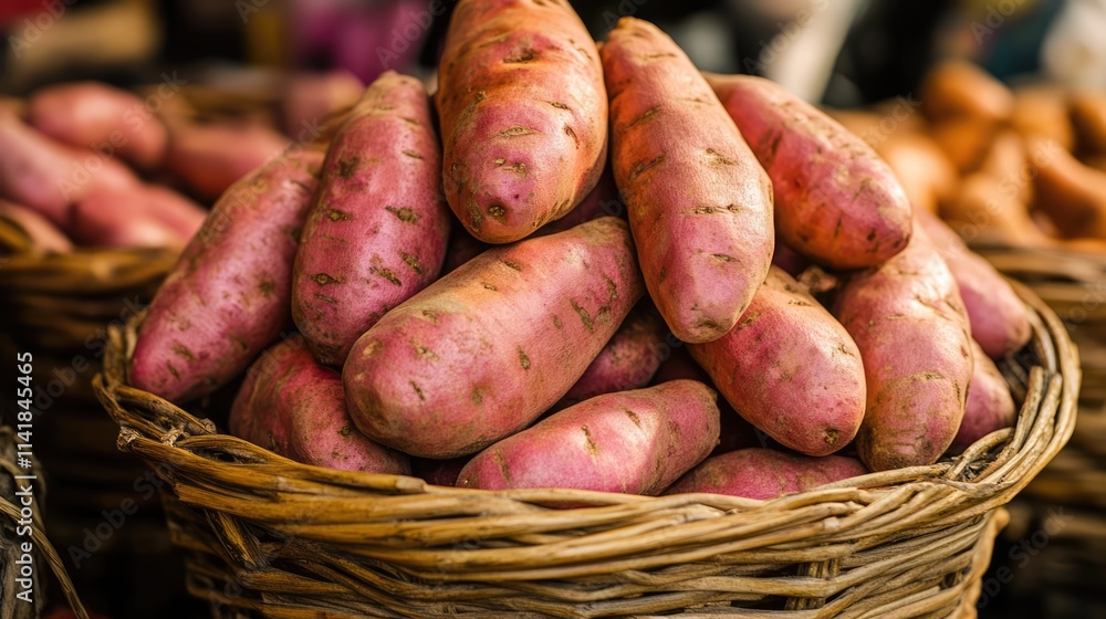 Basket of fresh sweet potatoes displayed at a market showcasing their vibrant colors and textures in a natural setting Basket of fresh sweet potatoes displayed at a market showcasing their vibrant colors and textures in a natural setting