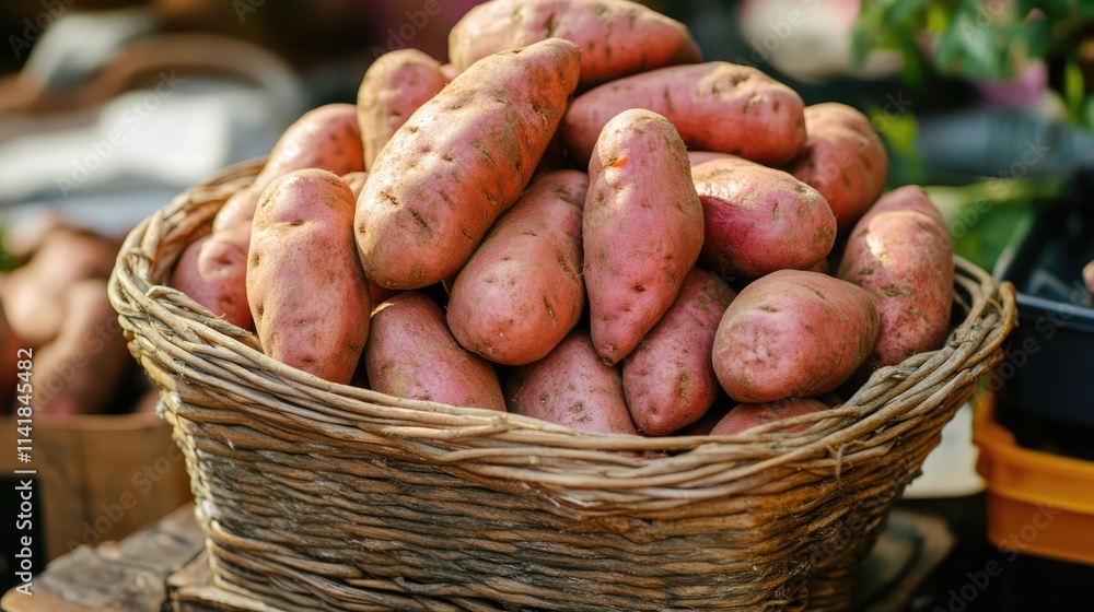 Basket of freshly harvested sweet potatoes arranged beautifully for display in a rustic setting showcasing vibrant colors and natural texture. Basket of freshly harvested sweet potatoes arranged beautifully for display in a rustic setting showcasing vibrant colors and natural texture.
