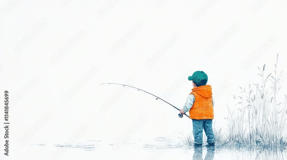A toddler in a bright orange vest fishes at the water's edge, viewed from behind against a minimalist background. A toddler in a bright orange vest fishes at the water's edge, viewed from behind against a minimalist background.