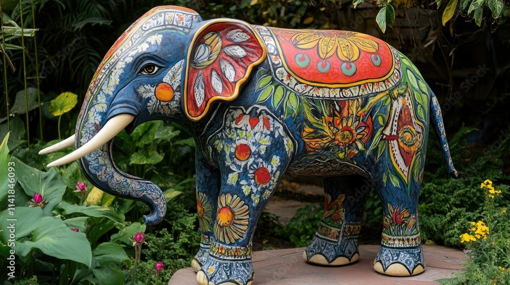 Obraz premium Artistic hand-painted elephant showcasing traditional and modern designs in an open garden setting