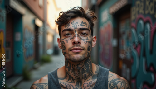 Unconventional beauty emerges in urban alleyways with intricate tattoos and striking expressions