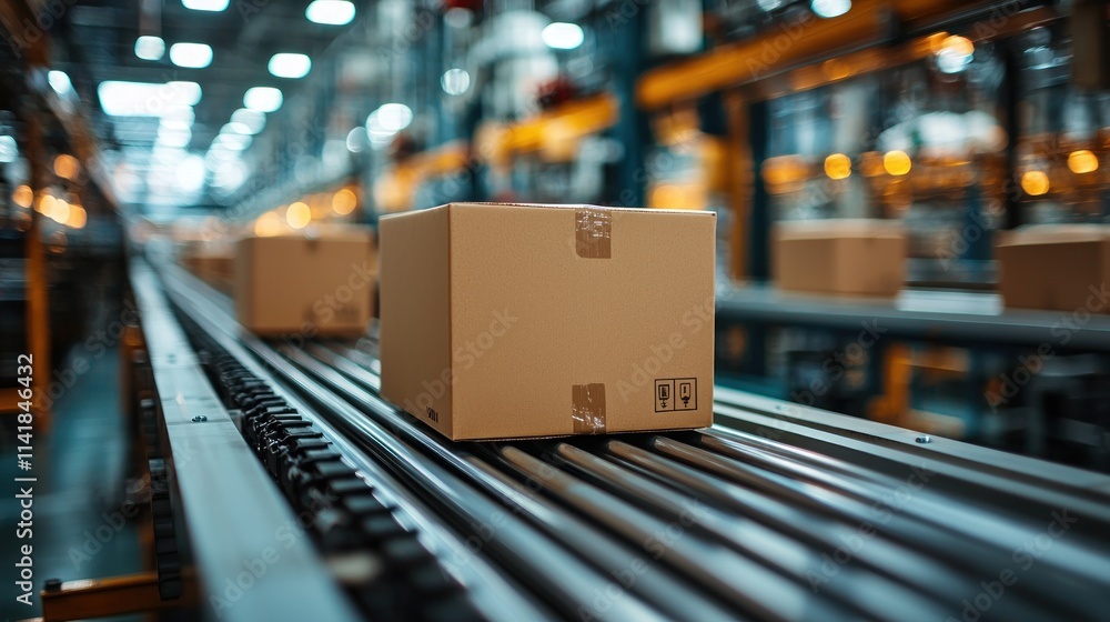 Conveyor Belt of Cardboard Boxes in a Factory: Industrial Production and Logistics Conveyor Belt of Cardboard Boxes in a Factory: Industrial Production and Logistics
