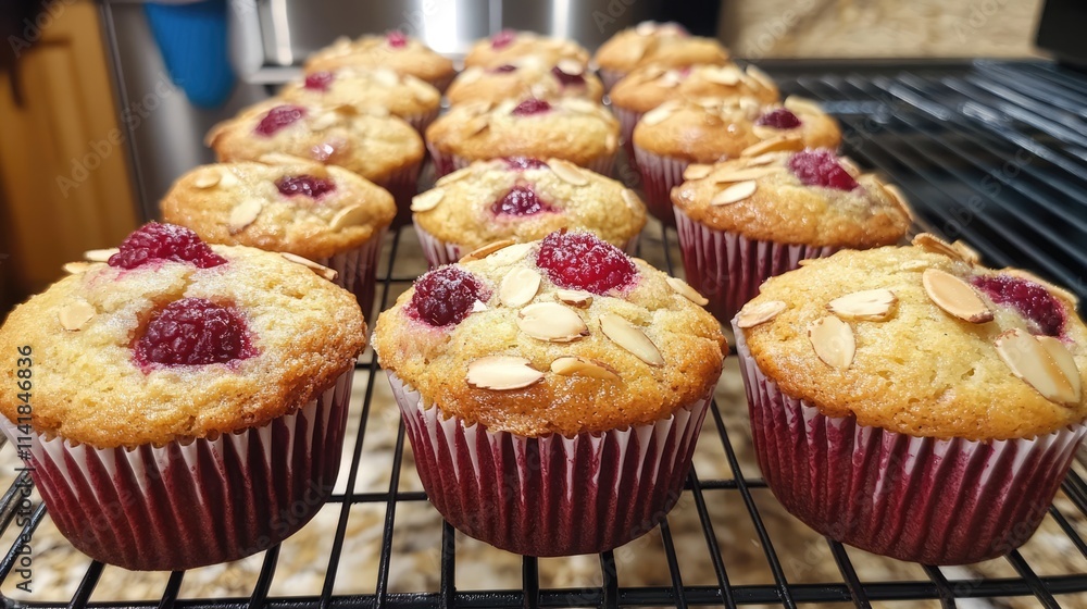 Almond raspberry muffins freshly baked cooling on a rack with golden tops and sliced almonds for a delicious treat. Almond raspberry muffins freshly baked cooling on a rack with golden tops and sliced almonds for a delicious treat.