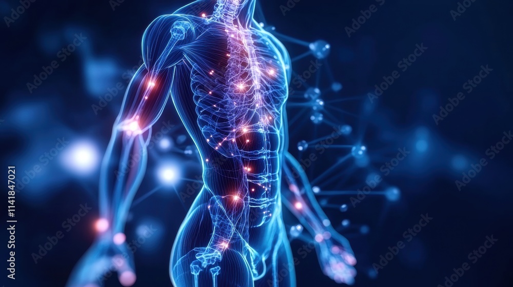 A glowing, digital representation of the human body, showcasing anatomical features with vibrant lights and interconnected pathways. A glowing, digital representation of the human body, showcasing anatomical features with vibrant lights and interconnected pathways.