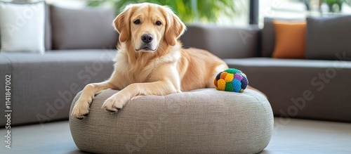 Adorable dog lounging on a cozy pouf with colorful toy in modern living room setting perfect for interior design inspiration