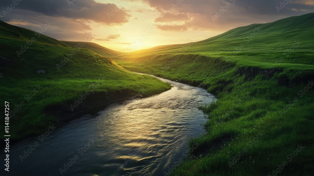 Serene river meandering through lush green valley at sunset creating a picturesque natural landscape with vibrant colors and gentle light Serene river meandering through lush green valley at sunset creating a picturesque natural landscape with vibrant colors and gentle light