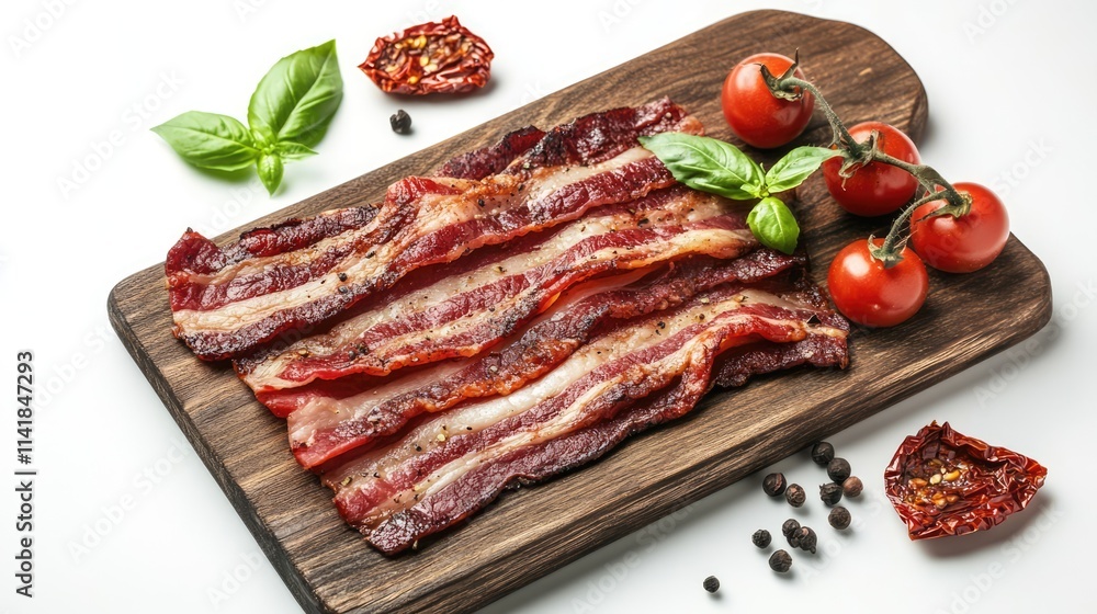 Bacon strips with sun-dried tomatoes and fresh basil on a wooden board garnished with cherry tomatoes and black peppercorns Bacon strips with sun-dried tomatoes and fresh basil on a wooden board garnished with cherry tomatoes and black peppercorns