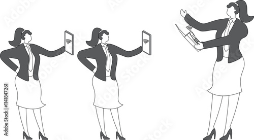 manager holding a remote control a row of businesswomen within signal range