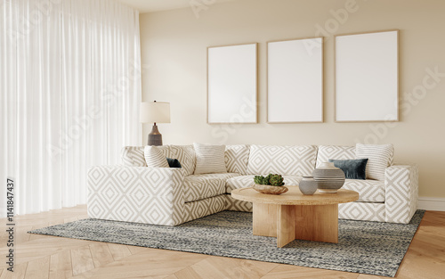 Frame mockup in Interior, a living room with a couch, table, and paintings on the wall with transparent background, 3D rendering	
