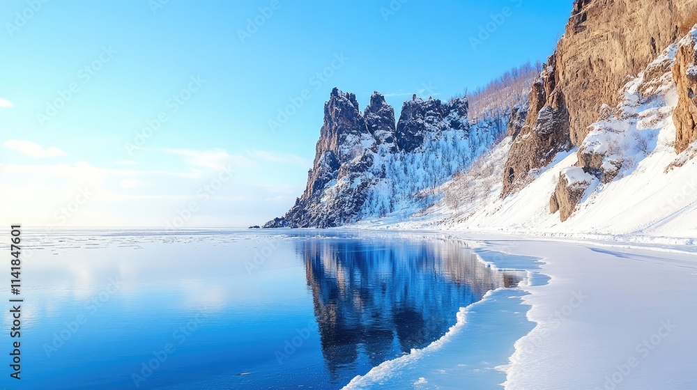 Obraz premium Serene winter landscape of Baikal Lake showcasing vibrant blue ice hummocks and the majestic cliffs of the northern island cape.