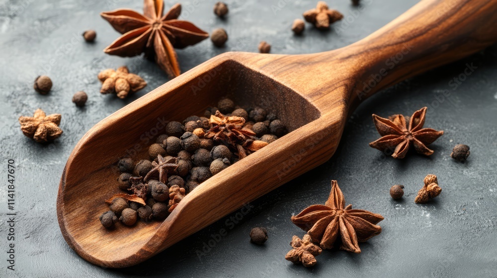 Allspice and star anise arranged on a wooden shovel against a textured gray background showcasing rich culinary spices Allspice and star anise arranged on a wooden shovel against a textured gray background showcasing rich culinary spices