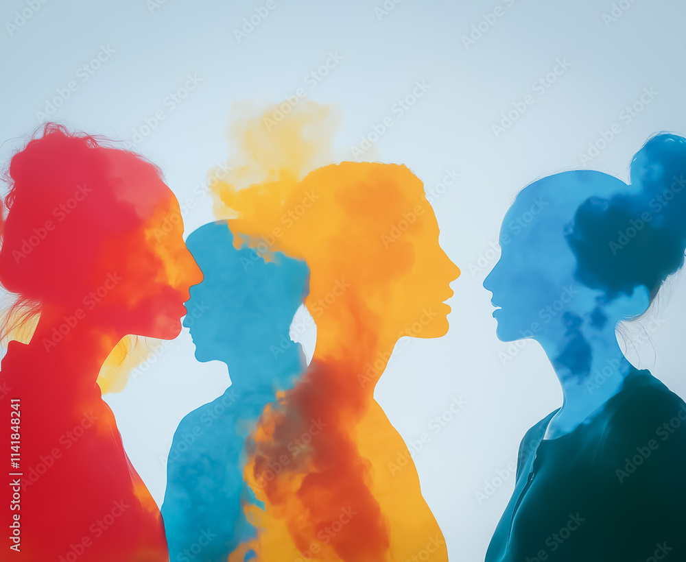 Vibrant profiles of people filled with abstract colorful smoke, symbolizing diverse thoughts and expression. Vibrant profiles of people filled with abstract colorful smoke, symbolizing diverse thoughts and expression.