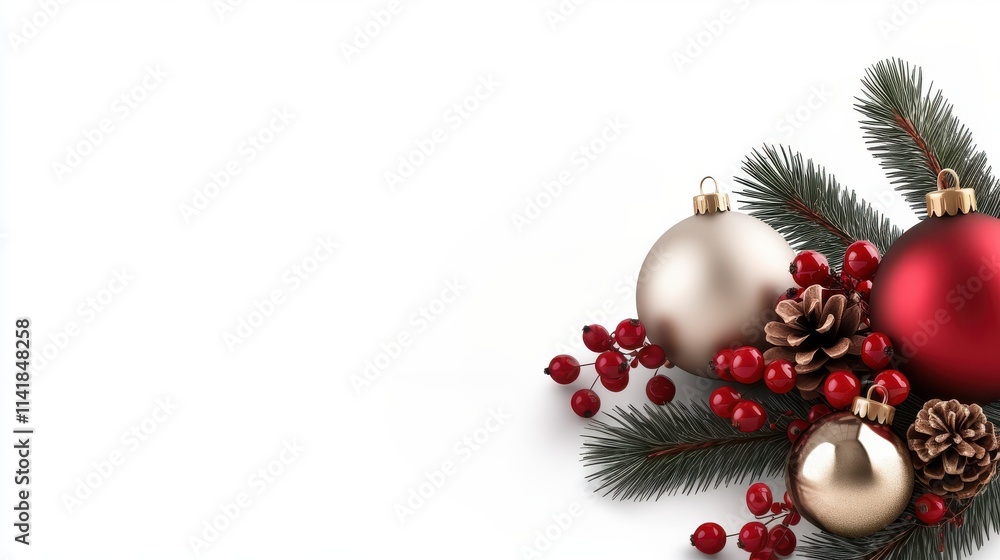 Christmas decorations with fir branches, red berries and cones on a white background. Decorative balls of gold and red color create a festive mood. Christmas decorations with fir branches, red berries and cones on a white background. Decorative balls of gold and red color create a festive mood.