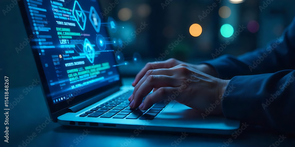 Hand Typing on Laptop with Holographic Digital Interface and Programming Code Hand Typing on Laptop with Holographic Digital Interface and Programming Code