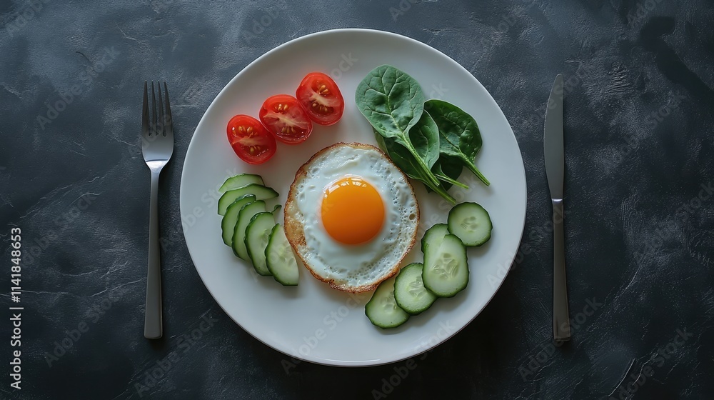 Balanced breakfast arrangement with fried egg crispy bacon fresh spinach cucumber and tomatoes on a white plate with cutlery on textured surface Balanced breakfast arrangement with fried egg crispy bacon fresh spinach cucumber and tomatoes on a white plate with cutlery on textured surface
