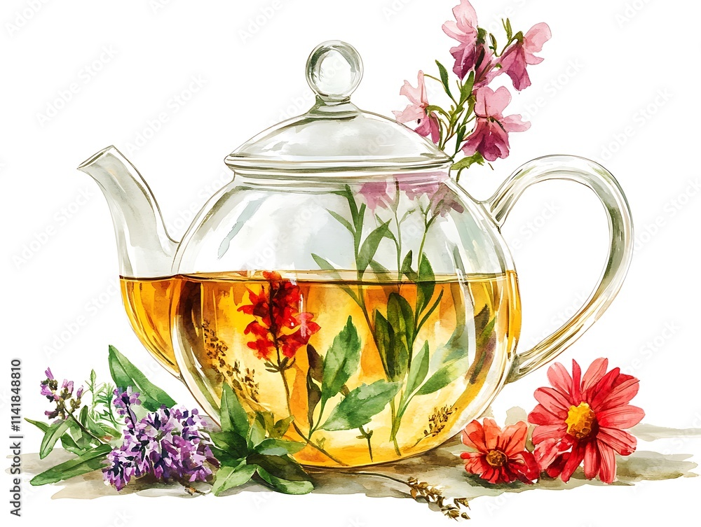 Transparent glass teapot with herbal tea Transparent glass teapot with herbal tea