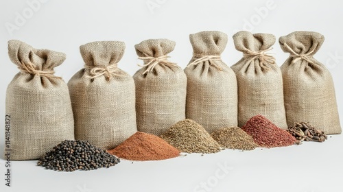 Assorted aromatic spices in linen sacks displayed in a market setting showcasing a variety of colorful spices and herbs on a neutral background. photo