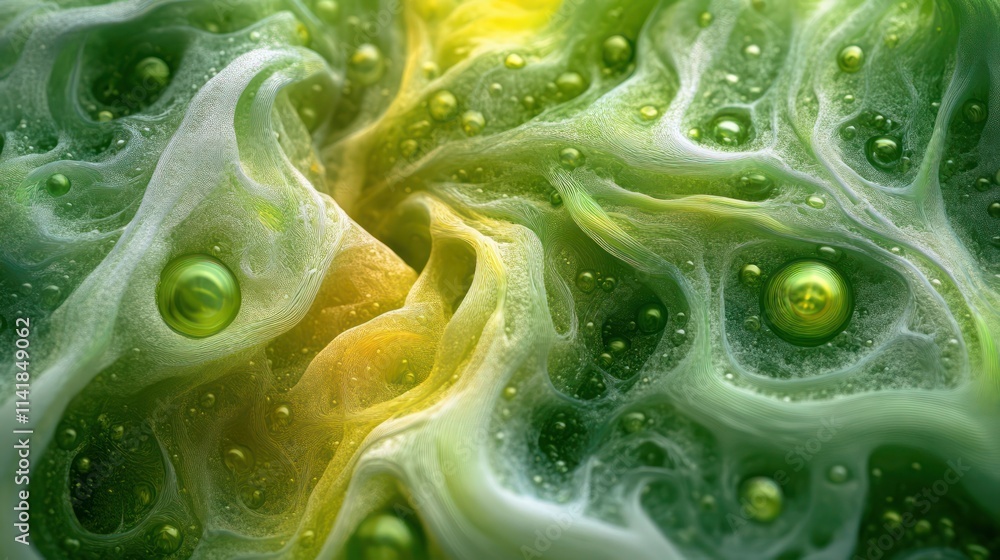 Abstract, vibrant, liquid, organic, cellular, structure, with swirling, flowing, patterns, and iridescent, green, yellow, and white bubbles. Abstract, vibrant, liquid, organic, cellular, structure, with swirling, flowing, patterns, and iridescent, green, yellow, and white bubbles.