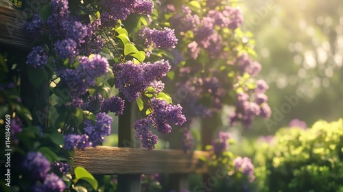 Fototapeta Naklejka Na Ścianę i Meble -  Beautiful lilac flowers blooming against a wooden fence in soft sunlight, creating a serene garden scene.