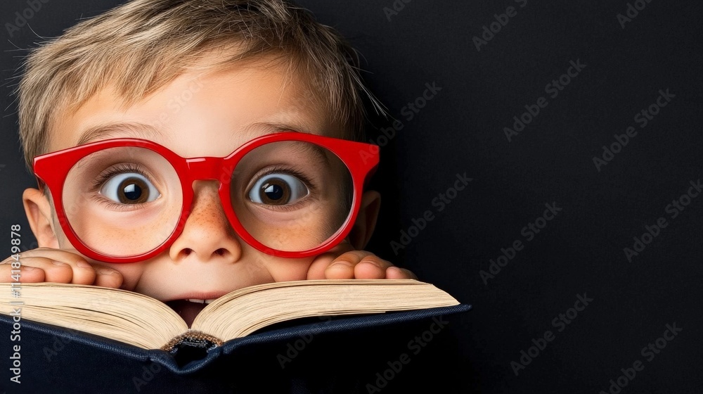 Wide-Eyed Wonder: A young boy with wide, curious eyes peers over the pages of a book, his red glasses adding a touch of whimsy to the image. His expression is one of pure fascination and wonder. Wide-Eyed Wonder: A young boy with wide, curious eyes peers over the pages of a book, his red glasses adding a touch of whimsy to the image. His expression is one of pure fascination and wonder.