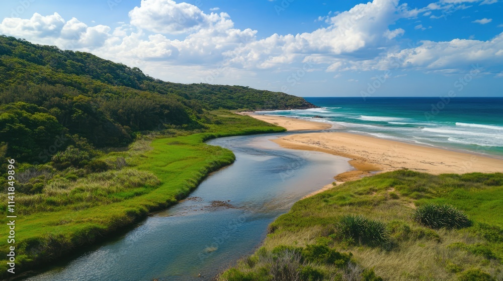 Scenic view of a tranquil river winding through lush greenery toward the ocean under a bright blue sky with fluffy clouds Scenic view of a tranquil river winding through lush greenery toward the ocean under a bright blue sky with fluffy clouds