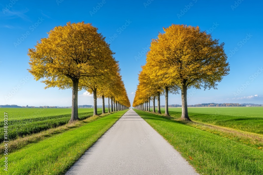 A country road lined with trees in brilliant fall colors, their leaves forming a natural canopy over the pathway A country road lined with trees in brilliant fall colors, their leaves forming a natural canopy over the pathway