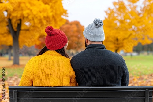 A couple sitting on a bench in a park during fall, bundled up in sweaters, surrounded by trees in fiery hues of orange and red photo