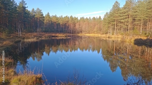 Tranquil autumn lake surrounded by beech forest with clear reflections in serene water showcasing nature's vibrant colors.