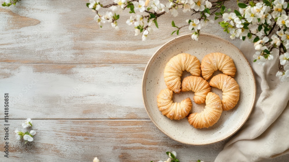 Almond crescent cookies on a decorative plate surrounded by flowers and napkins in an elegant high angle composition with copy space Almond crescent cookies on a decorative plate surrounded by flowers and napkins in an elegant high angle composition with copy space